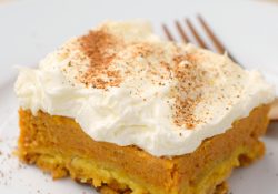 Creamy Pumpkin Crisp, a delicious dessert change from traditional pumpkin pie. Serve at Thanksgiving or Christmas, you'll love the layers of flavor.