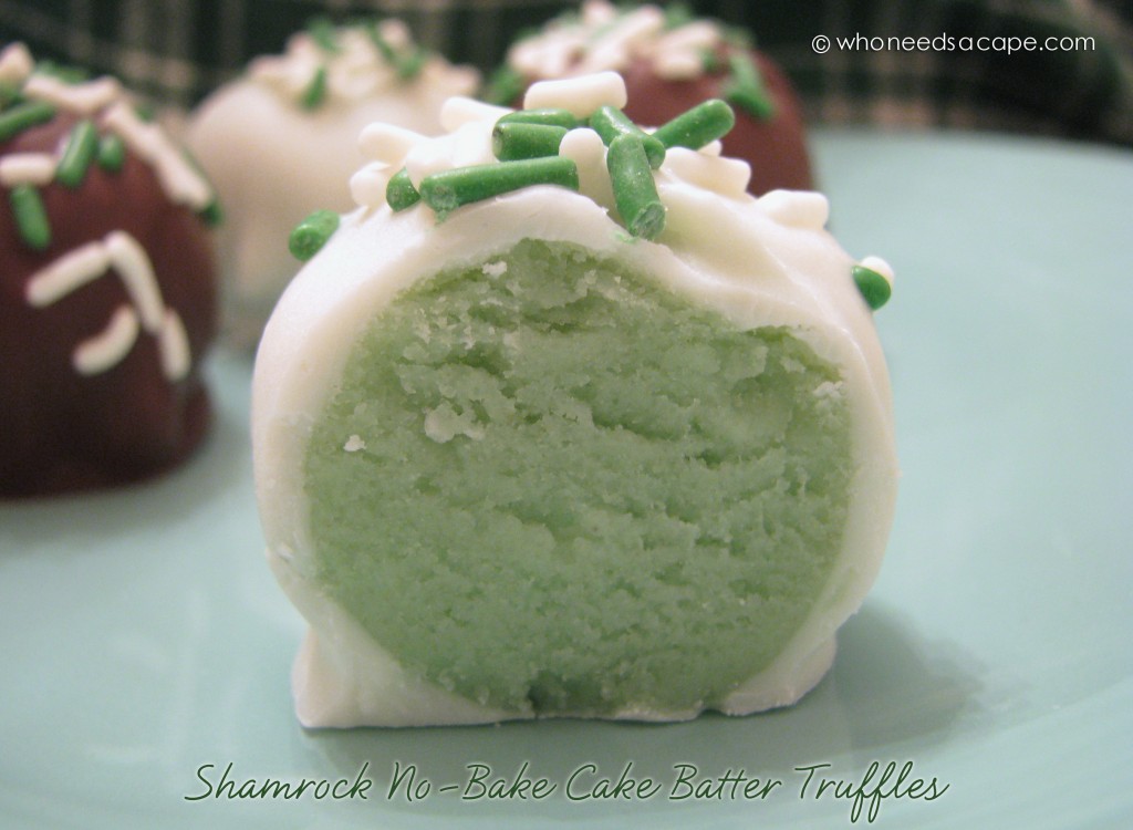 These Shamrock No-Bake Cake Batter Truffles are just perfect for St. Patrick's Day celebrations! Everyone loves these these bite-sized no bake balls!