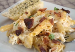Chicken & Bacon Alfredo Casserole, a wonderfully comforting dish that has layers of Alfredo goodness. Comfort food at its best!