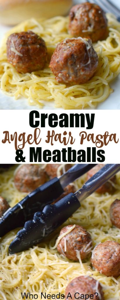 Creamy Angel Hair Pasta & Meatballs is a one-pan family-pleasing meal! Easy to prepare, use fully cooked meatballs, on the table in a flash!