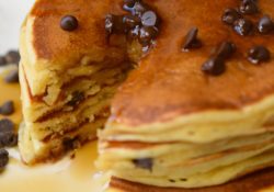 Delicious Peanut Butter Chocolate Chip Pancakes are simply wonderful. Your favorite flavors in this easy breakfast treat, great for holiday mornings!