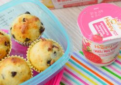 Mini Chocolate Chip Greek Yogurt Muffins with Strawberries are perfect for popping into lunch boxes or as a snack. Easy to make, my kids love them!